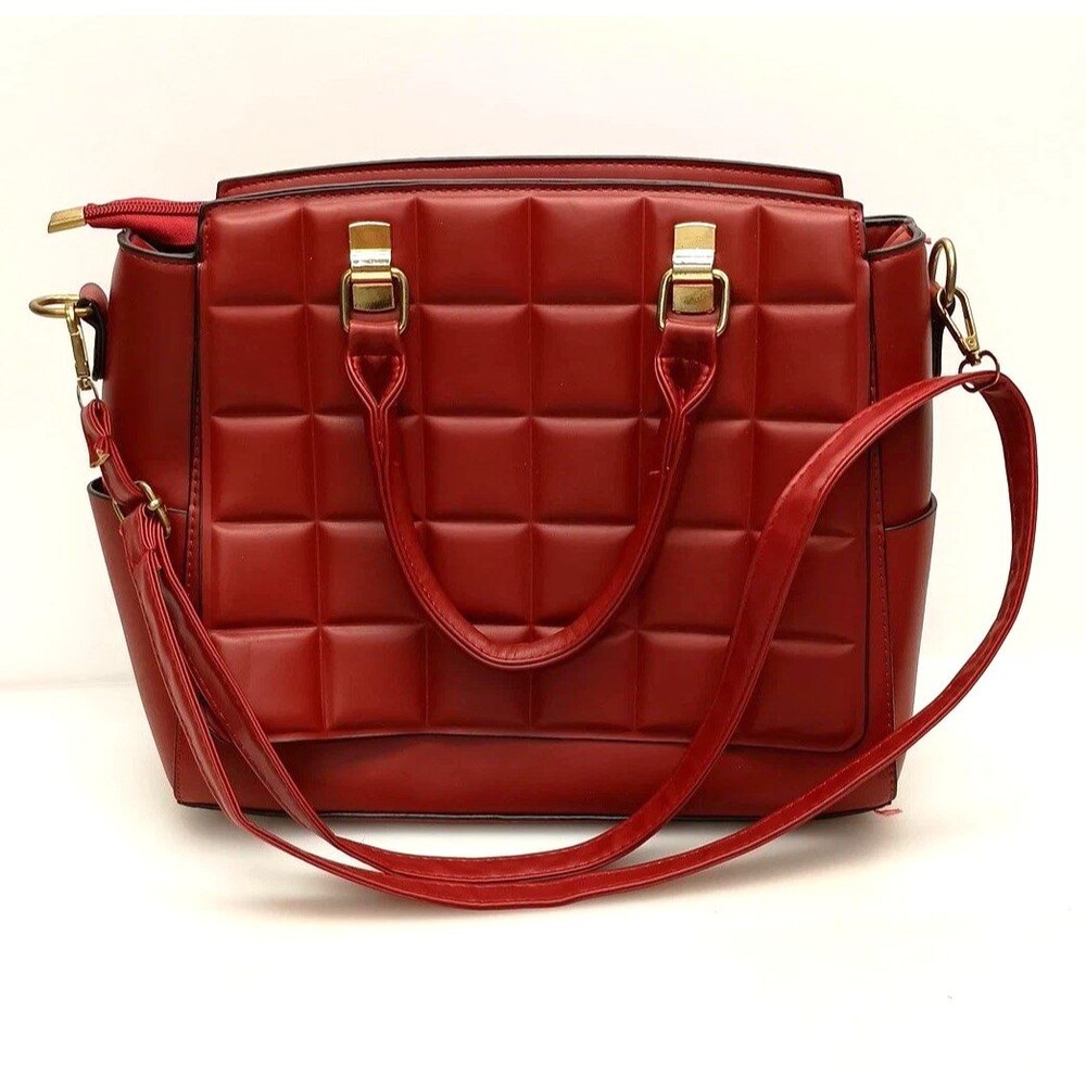 Womens Red Faux Leather Tote Handbag Double Handles With Shoulder Strap